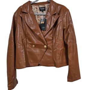 Fate Cropped Double-Breasted Vegan Leather Jacket in Brown 1X